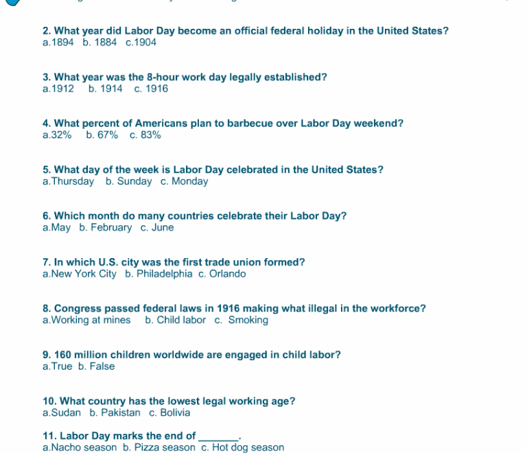 Free Printable Labor Day Trivia Quiz With Answer Key