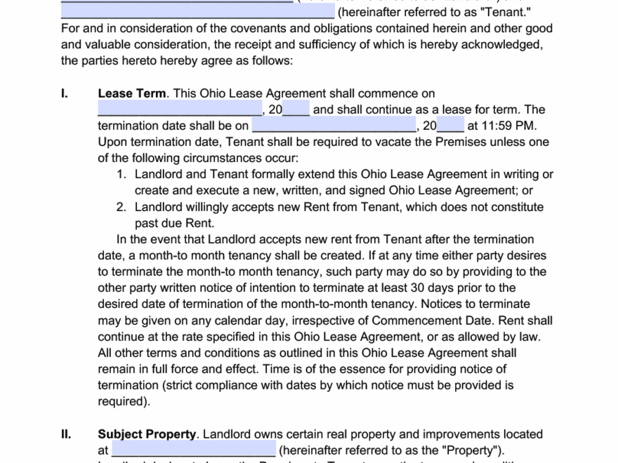 Free Printable Ohio Lease Agreement