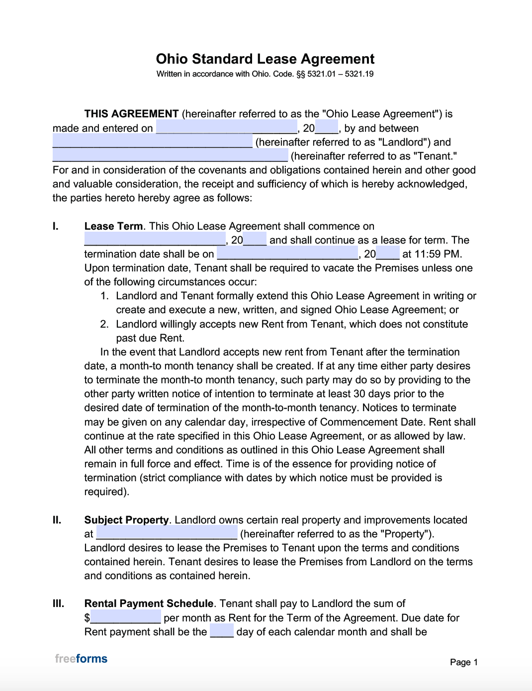 Free Printable Ohio Lease Agreement
