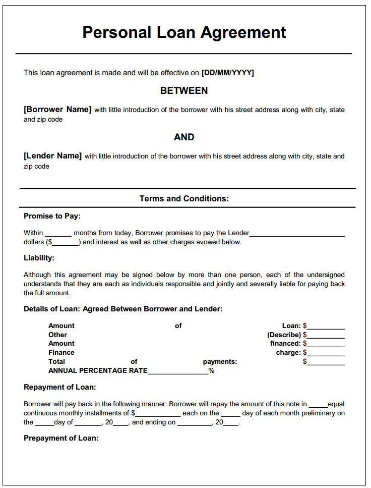 Free Printable Personal Loan Agreement Form GENERIC 