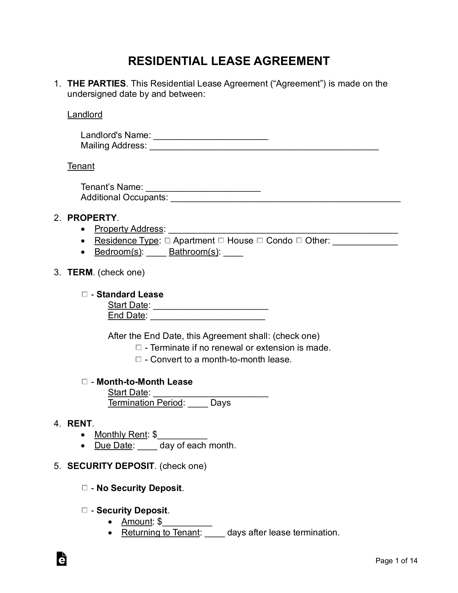 Free Printable Residential Lease Agreement