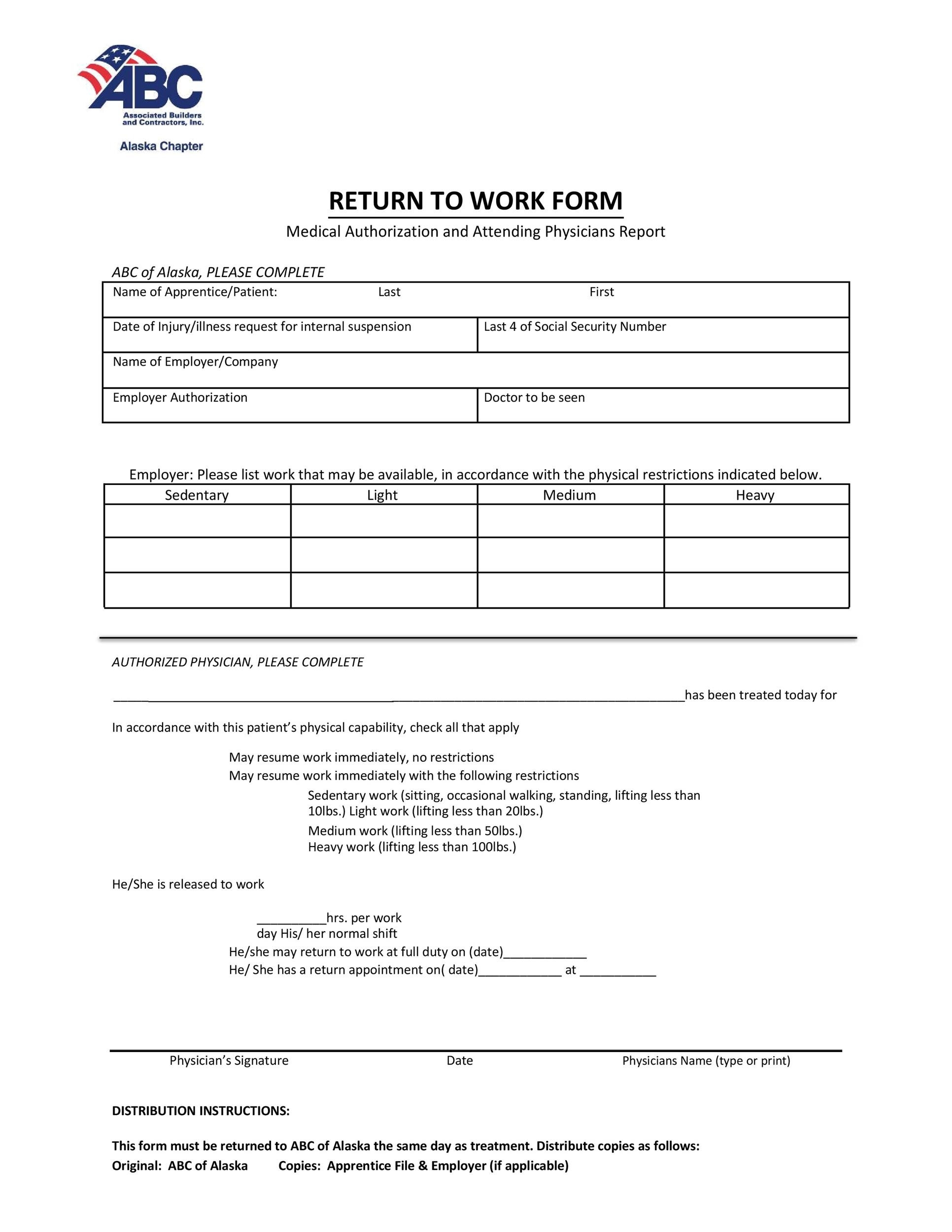 Free Printable Return To Work Form Printable Forms Free Online