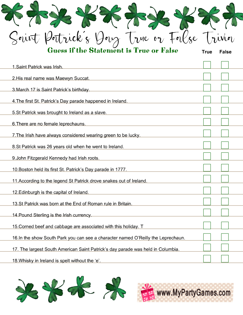 Free Printable Saint Patrick s Day True Or False Trivia Quiz