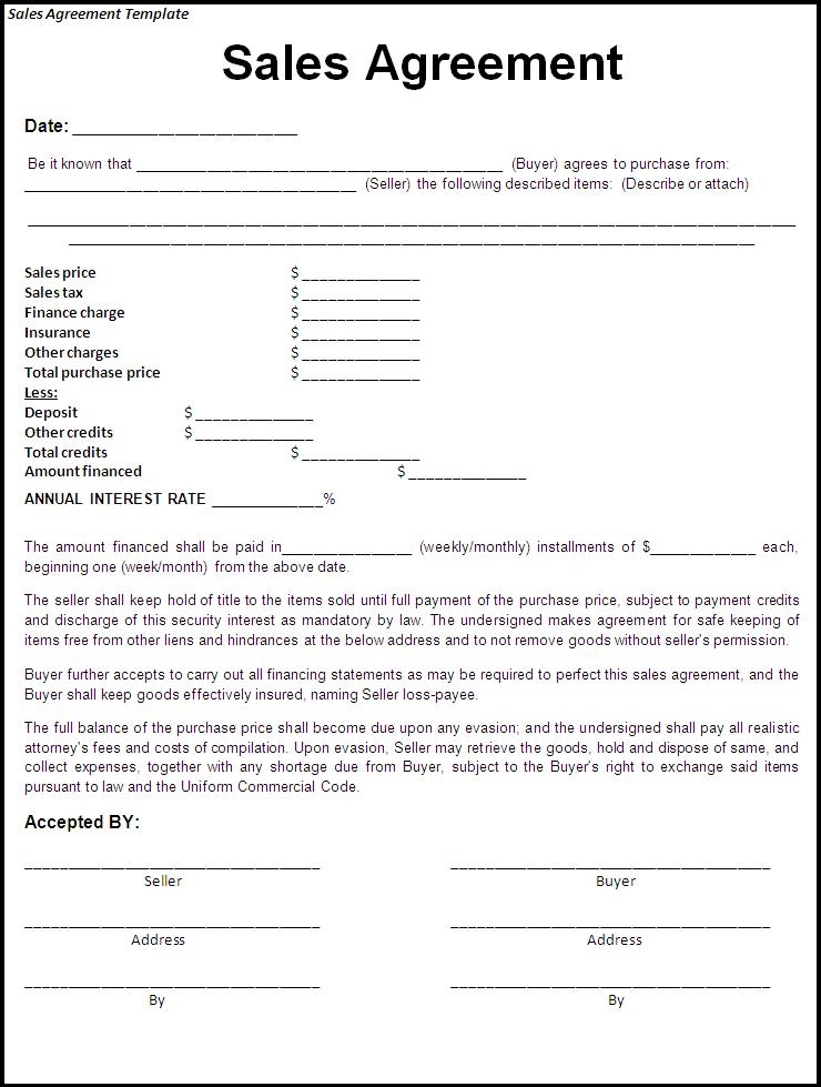 Free Printable Sale Agreement Form Form GENERIC 