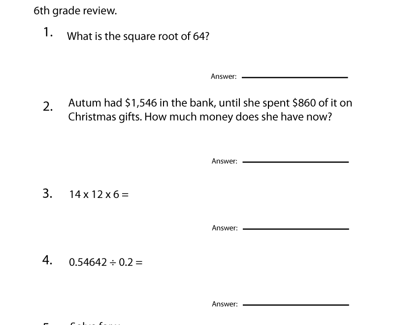Free Printable Sixth Grade Math Practice Worksheet