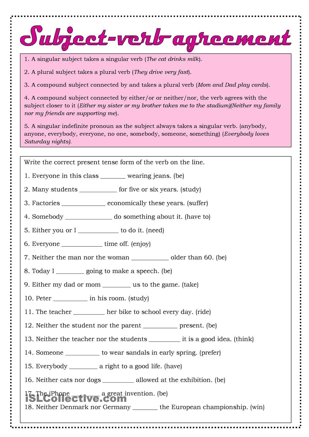 Free Printable Subject Verb Worksheets