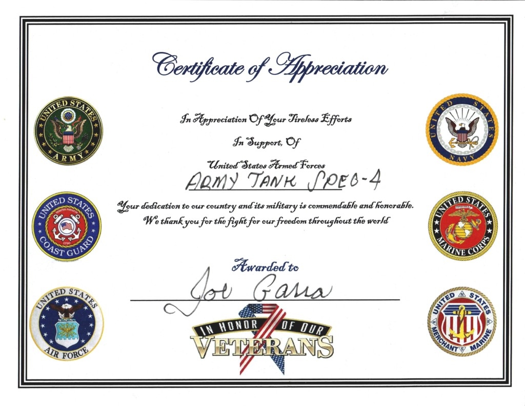 Free Printable Veterans Certificate Of Appreciation Printable Word 