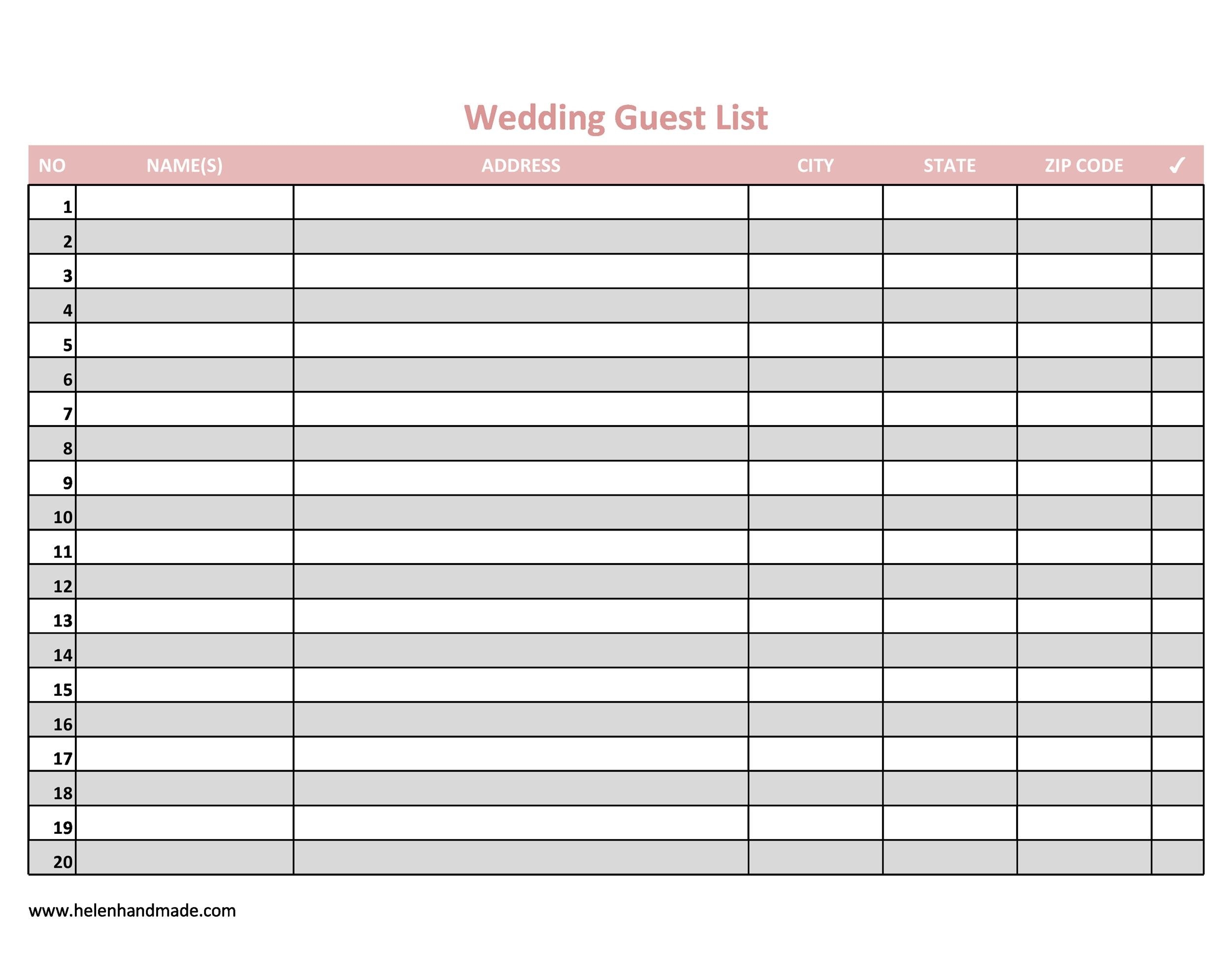 Free Printable Wedding Guest List Template