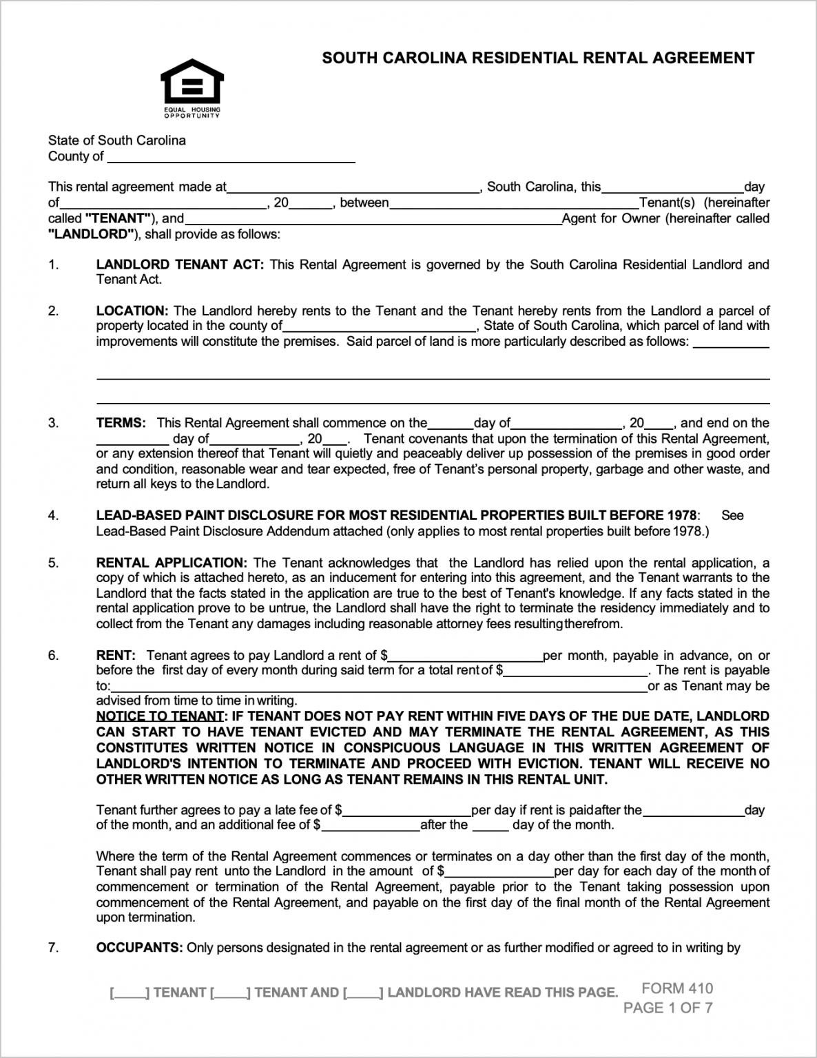 Free South Carolina Rental Lease Agreement Templates PDF WORD