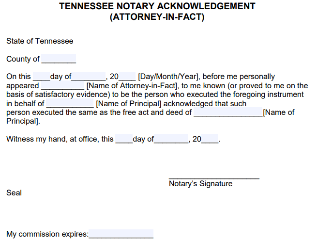 Free Tennessee Notary Acknowledgement Forms PDF Word