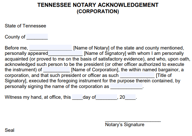 Free Tennessee Notary Acknowledgement Forms PDF Word