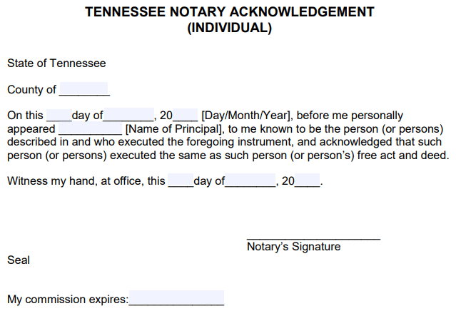 Free Tennessee Notary Acknowledgement Forms PDF Word