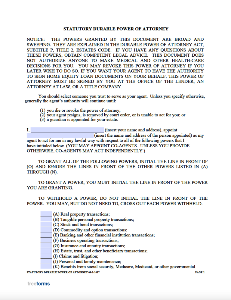Power Of Attorney Texas Form Printable