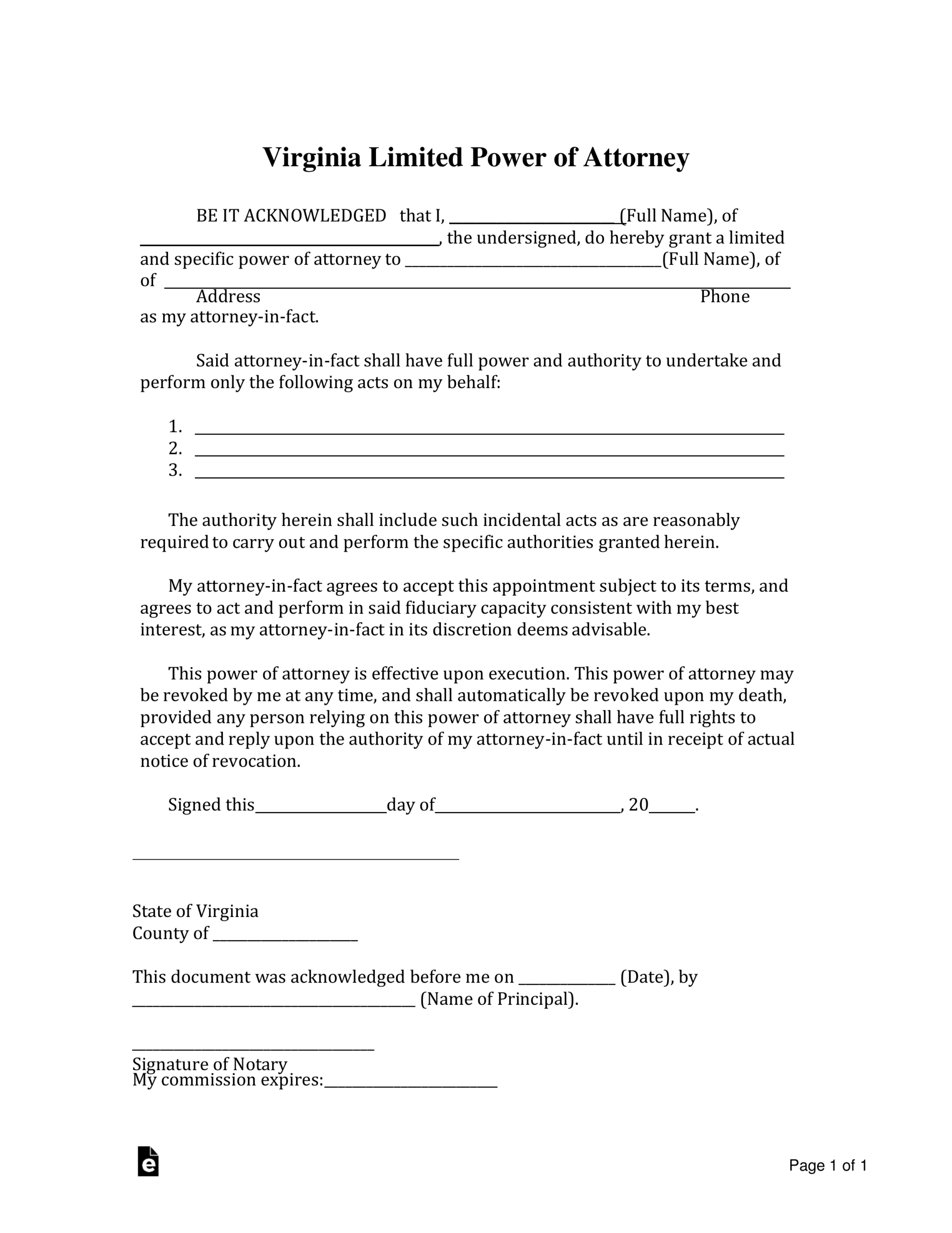 Free Printable Power Of Attorney Form Virginia