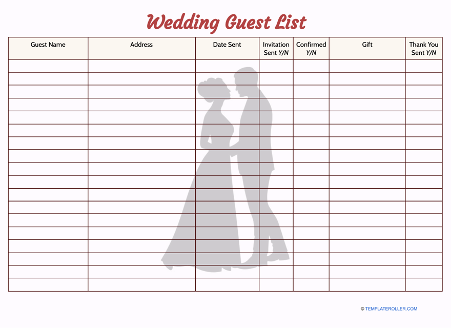 Free Wedding Guest List Templates Customize Download Print PDF