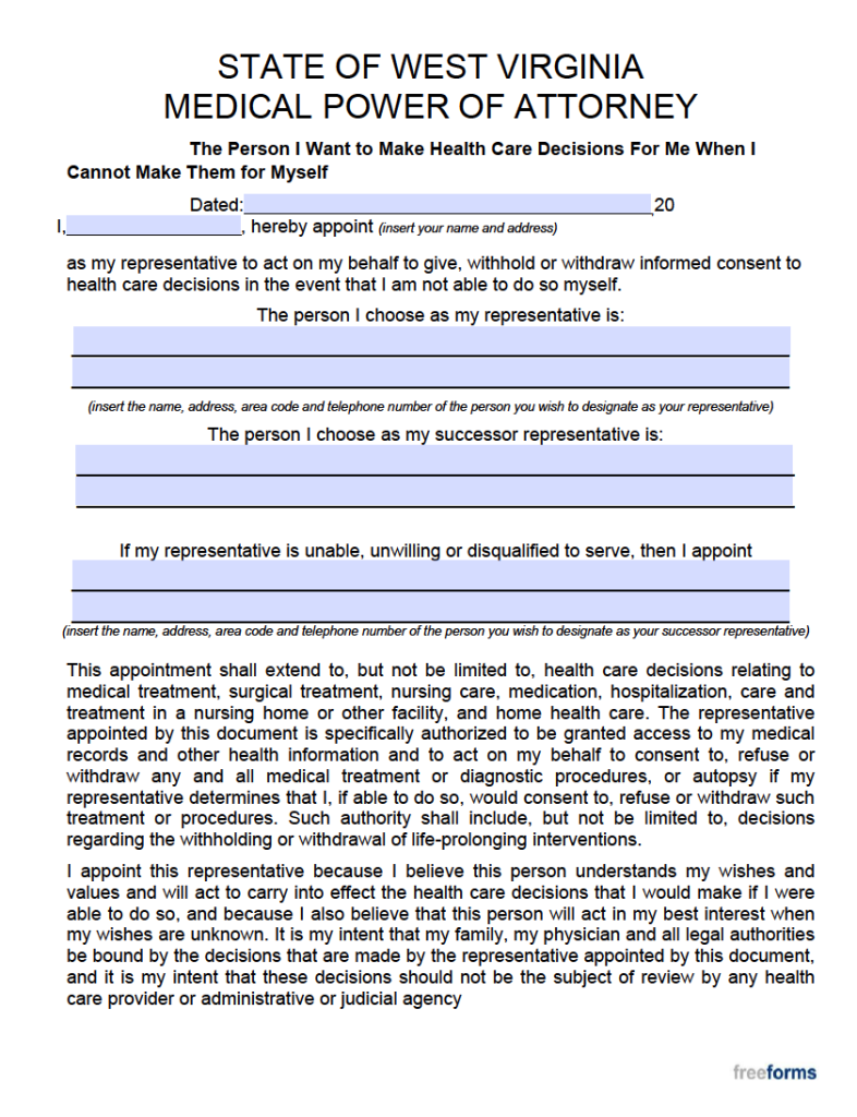 Free West Virginia Medical Power Of Attorney Form PDF WORD