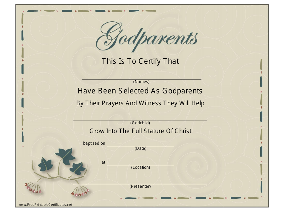 Godparents Certificate Template Beige Download Printable PDF 