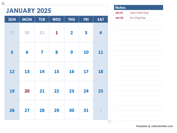 2025 Monthly Calendar Printable Template