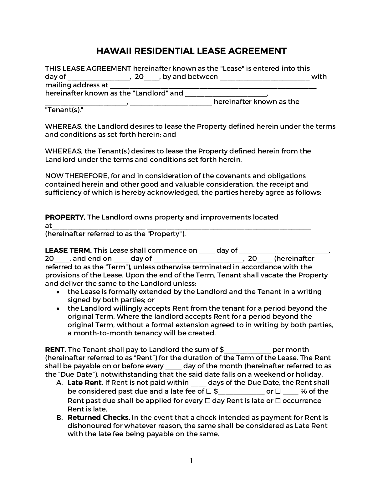 Hawaii Lease Agreement Free 2021 Official PDF Word