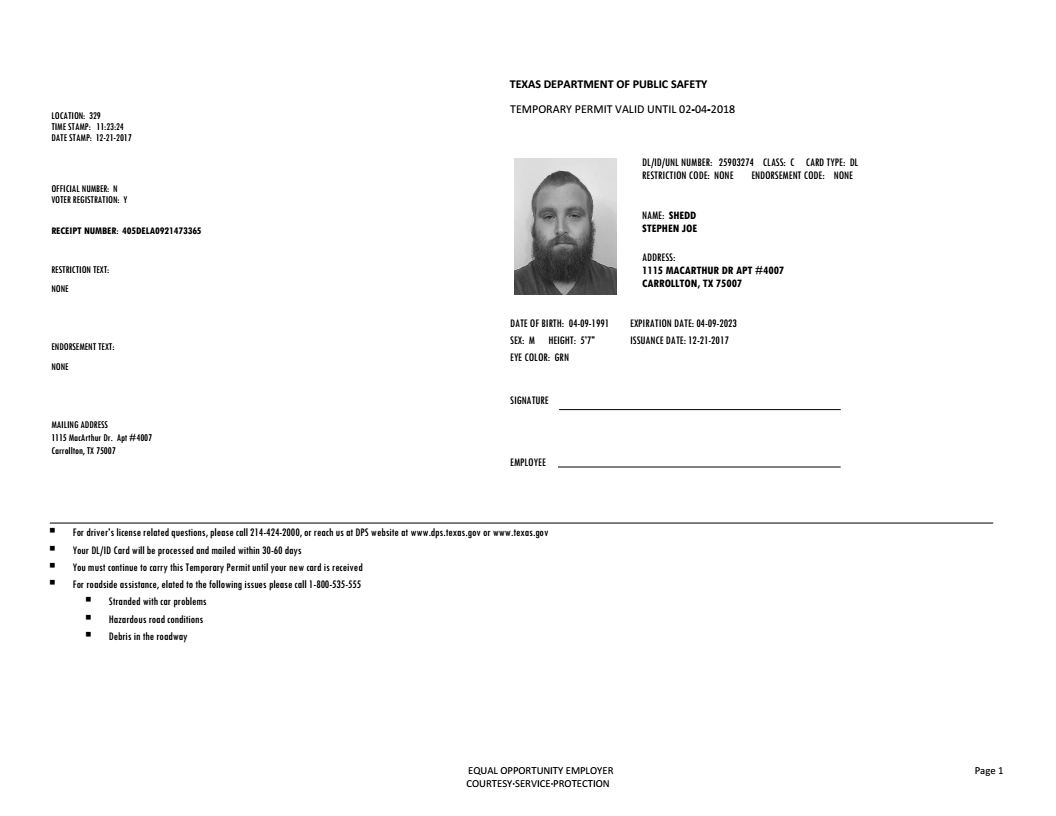 Identification Blank Texas Temporary Paper Id Template