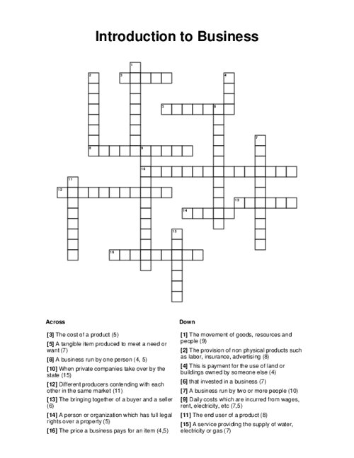 Introduction To Business Crossword Puzzle