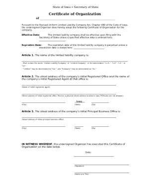 Iowa LLC Certificate Of Organization LLC University Doc Template 