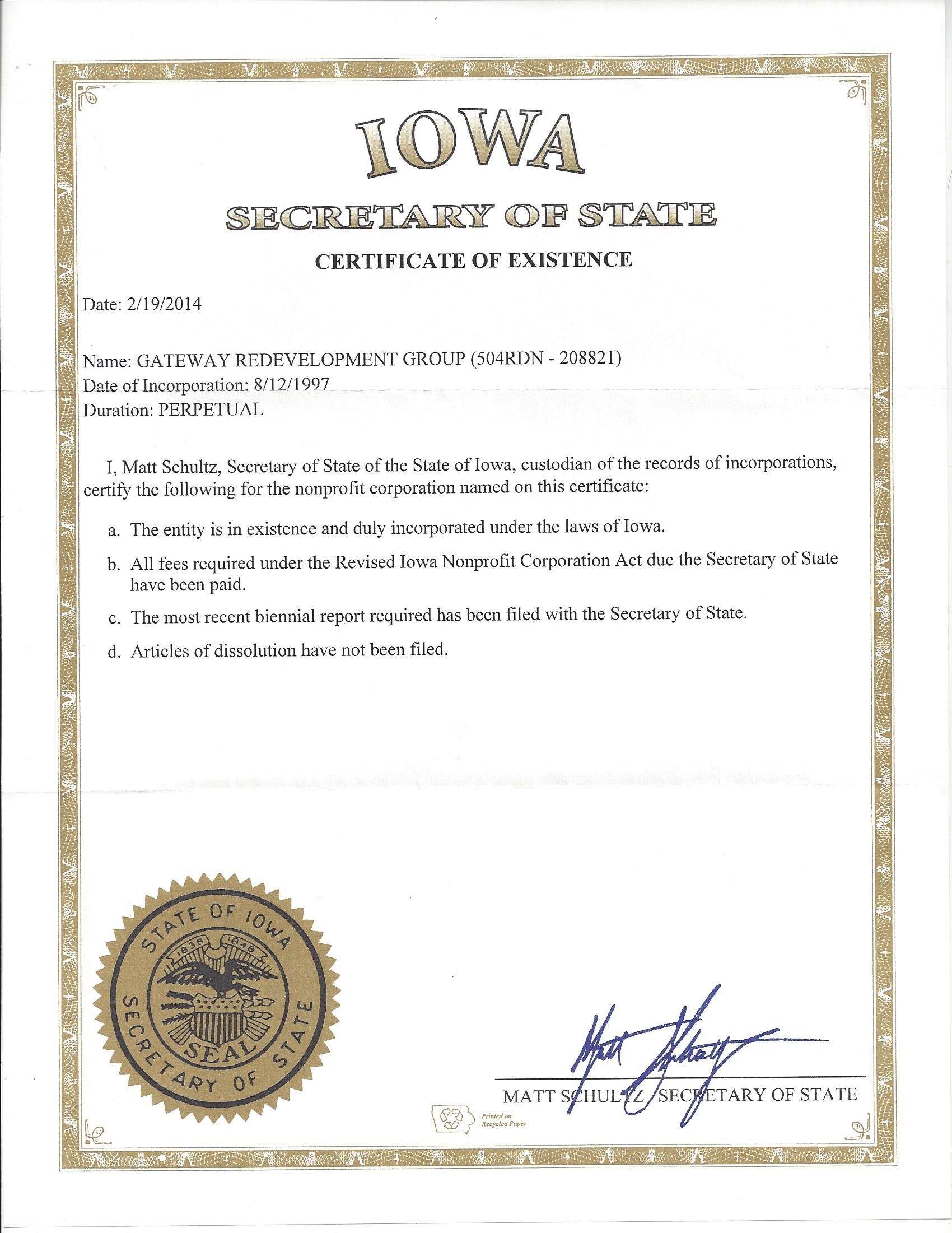 Certificate Of Organization Template Iowa Free Printable