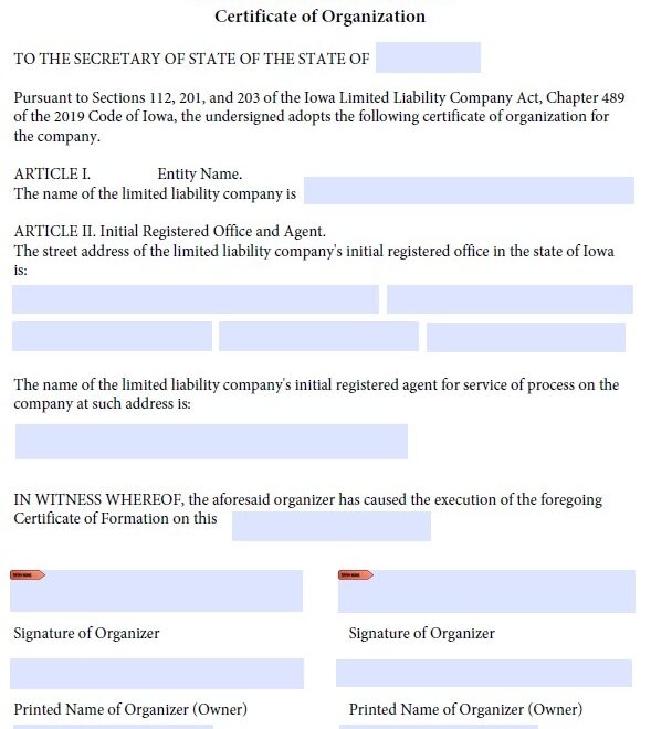 Iowa Llc Certificate Of Organization Template Prntbl