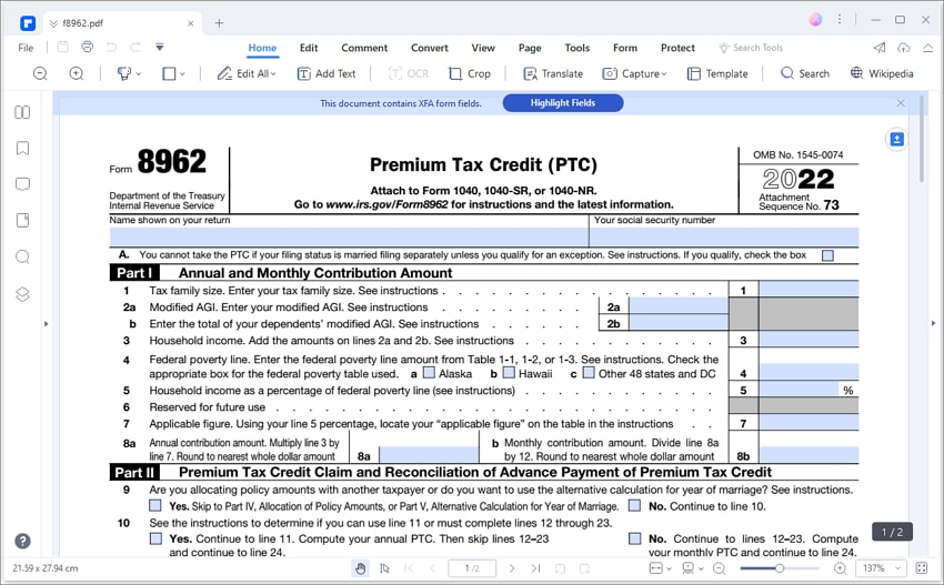 Irs Form 8962 Instructions 2023 Printable Forms Free Online