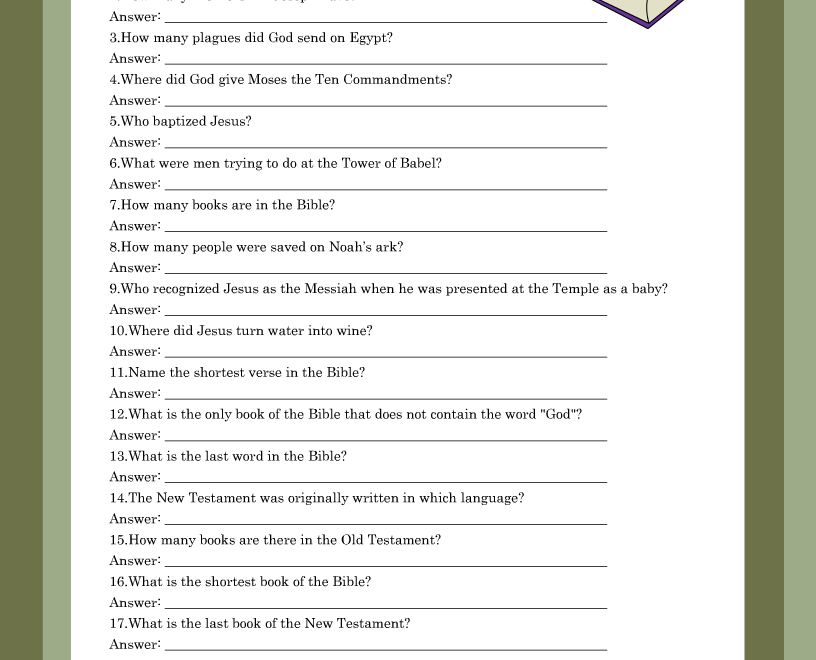 Junior Bible Quiz Questions And Answers Child Discipleship R
