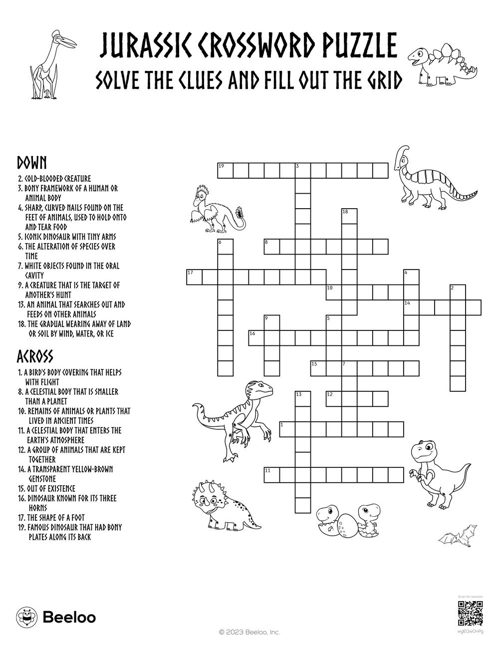 Jurassic Crossword Puzzle Beeloo Printable Crafts And Activities For Kids