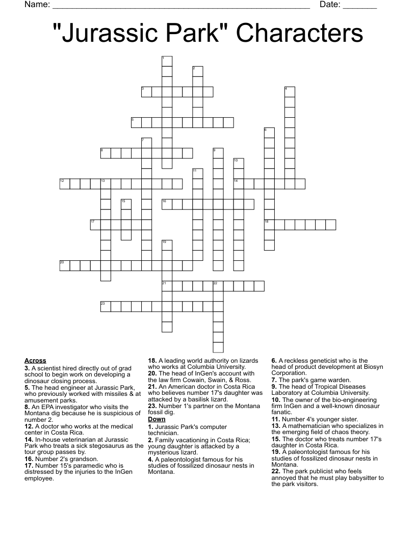 Jurassic Park Project Crossword Puzzle WordMint