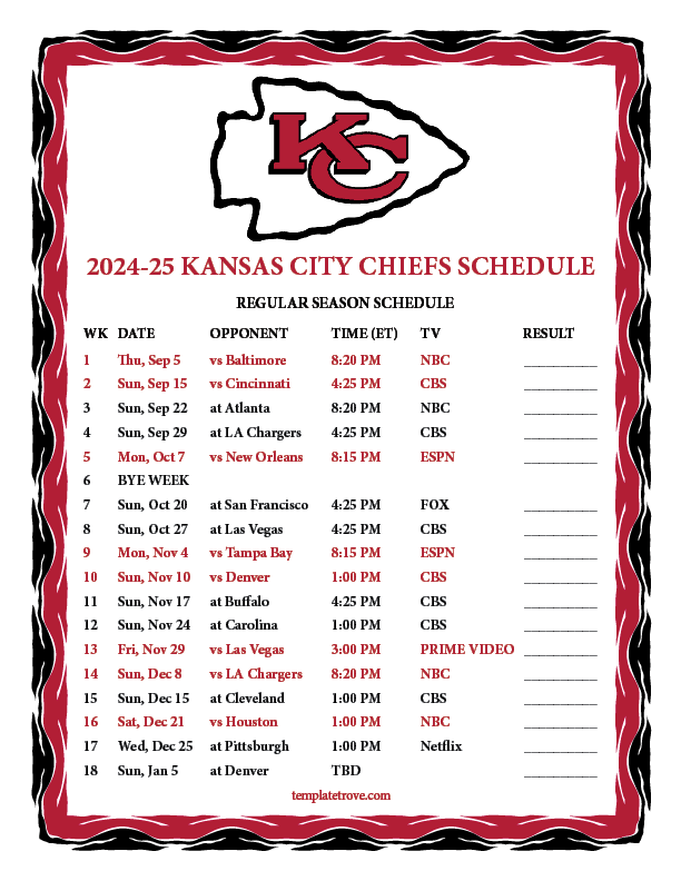 Kc Chiefs Schedule 2025 2025 Printable Free Edward E Oldham