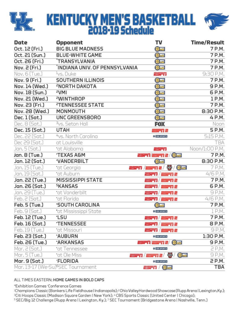 Kentucky Basketball Schedule 2025-26 Printable