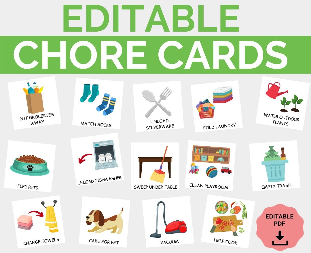 Kids Chore Cards I Printable Toddler Preschool Family Chores 