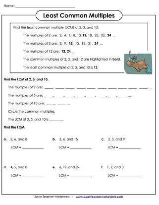 Least Common Multiple LCM Worksheets