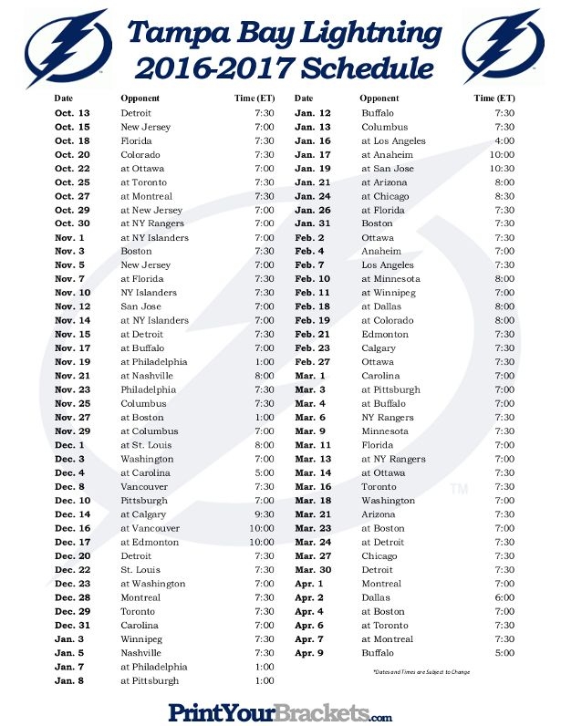 Tampa Bay Lightning Schedule 2025-26 Printable