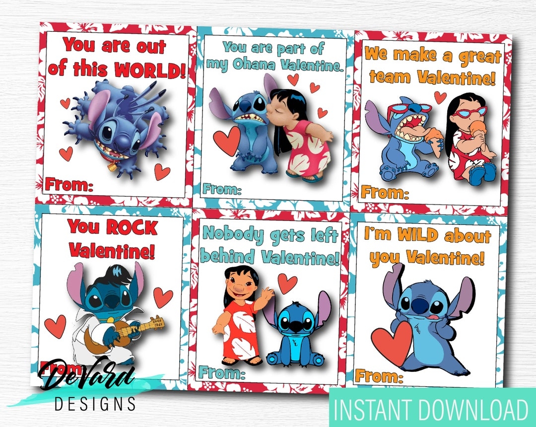 Lilo And Stitch Valentines Cards set Of 6 Cards Classroom School 
