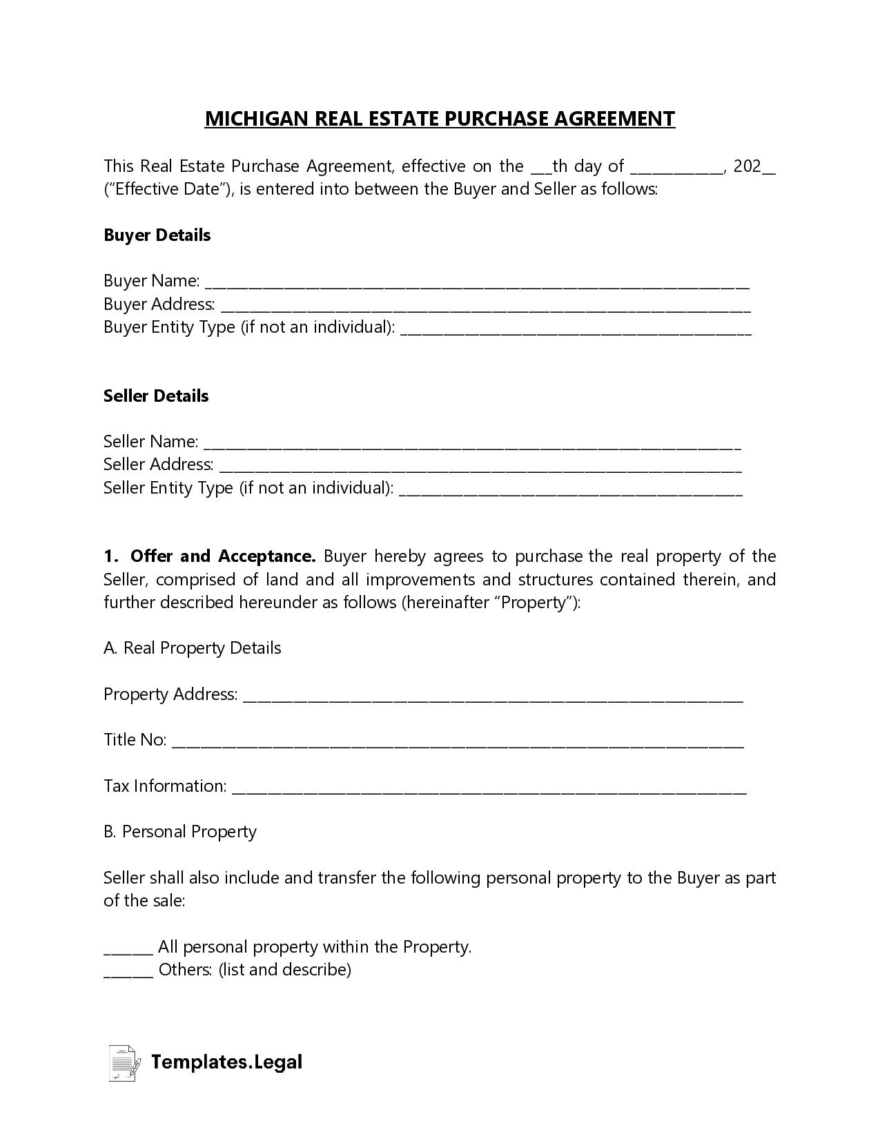 Michigan Purchase Agreement Templates Free Word PDF ODT 