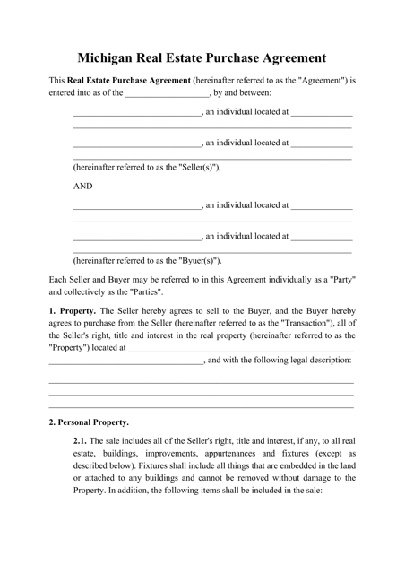 Michigan Real Estate Purchase Agreement Template Fill Out Sign 