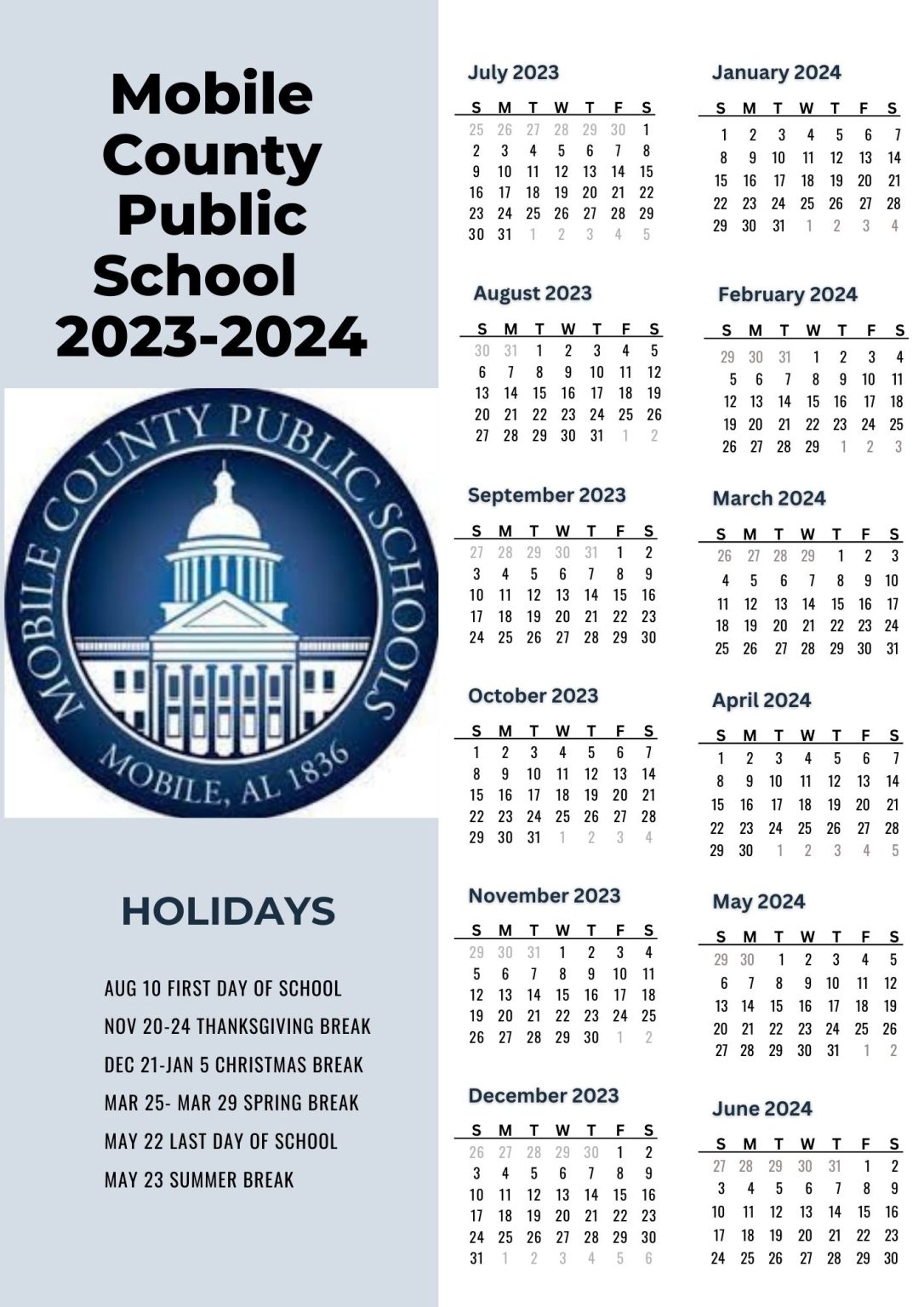 Mobile County Public Schools Calendar With Holidays 2023 2024