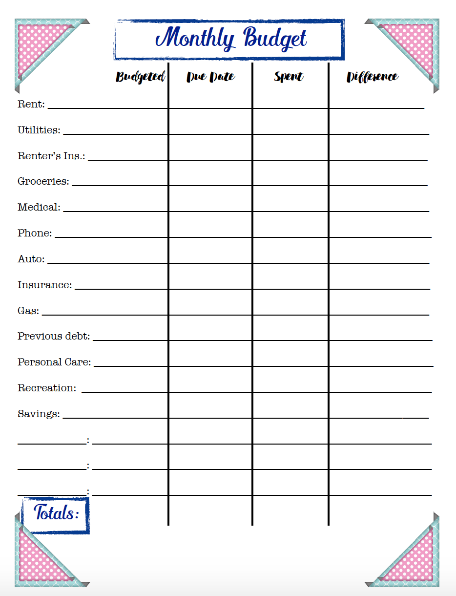 Monthly Budget Worksheet Printable Free Template