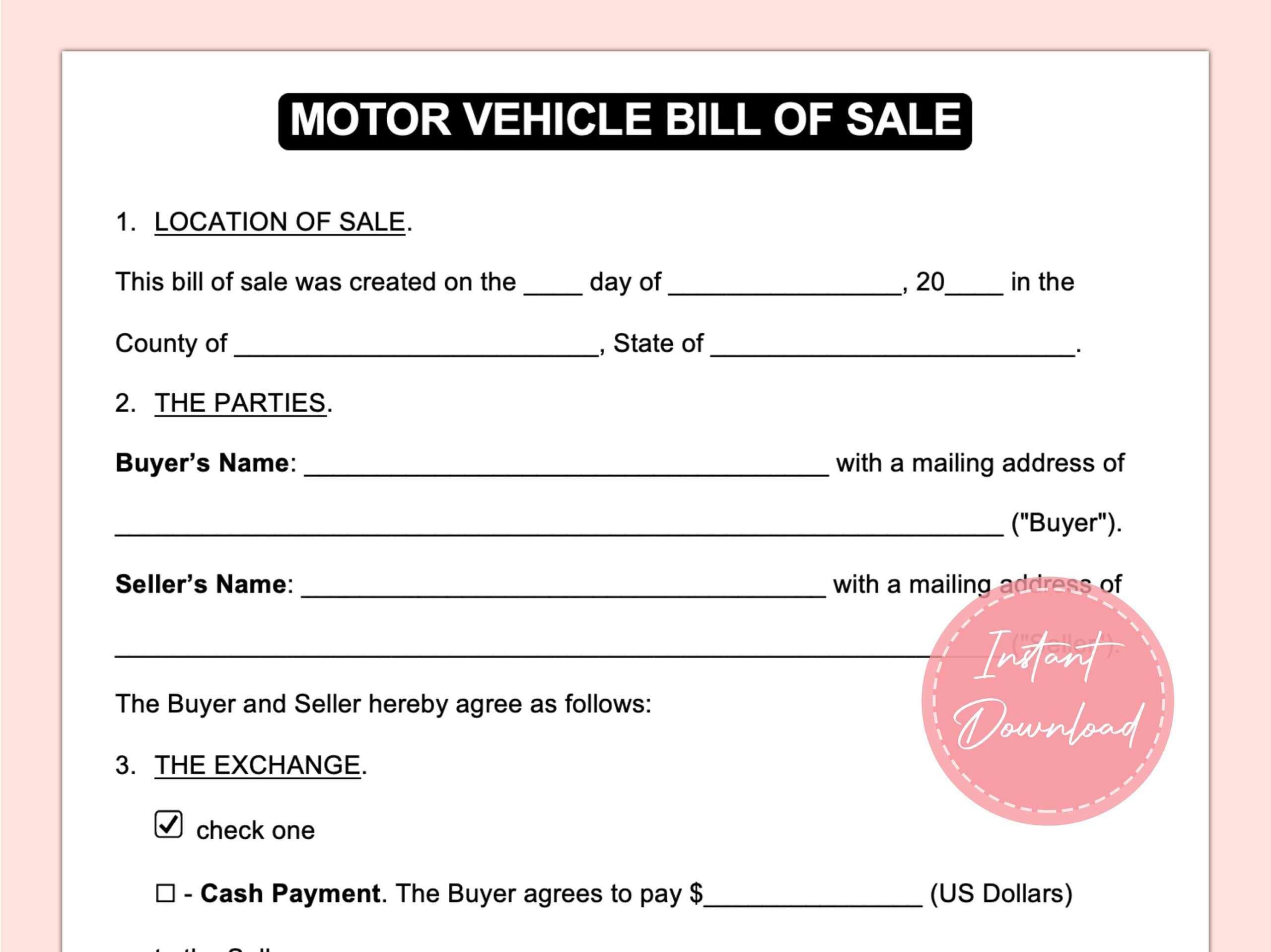 Motor Vehicle Bill Of Sale Bill Of Sale Car Sale Form Vehicle 