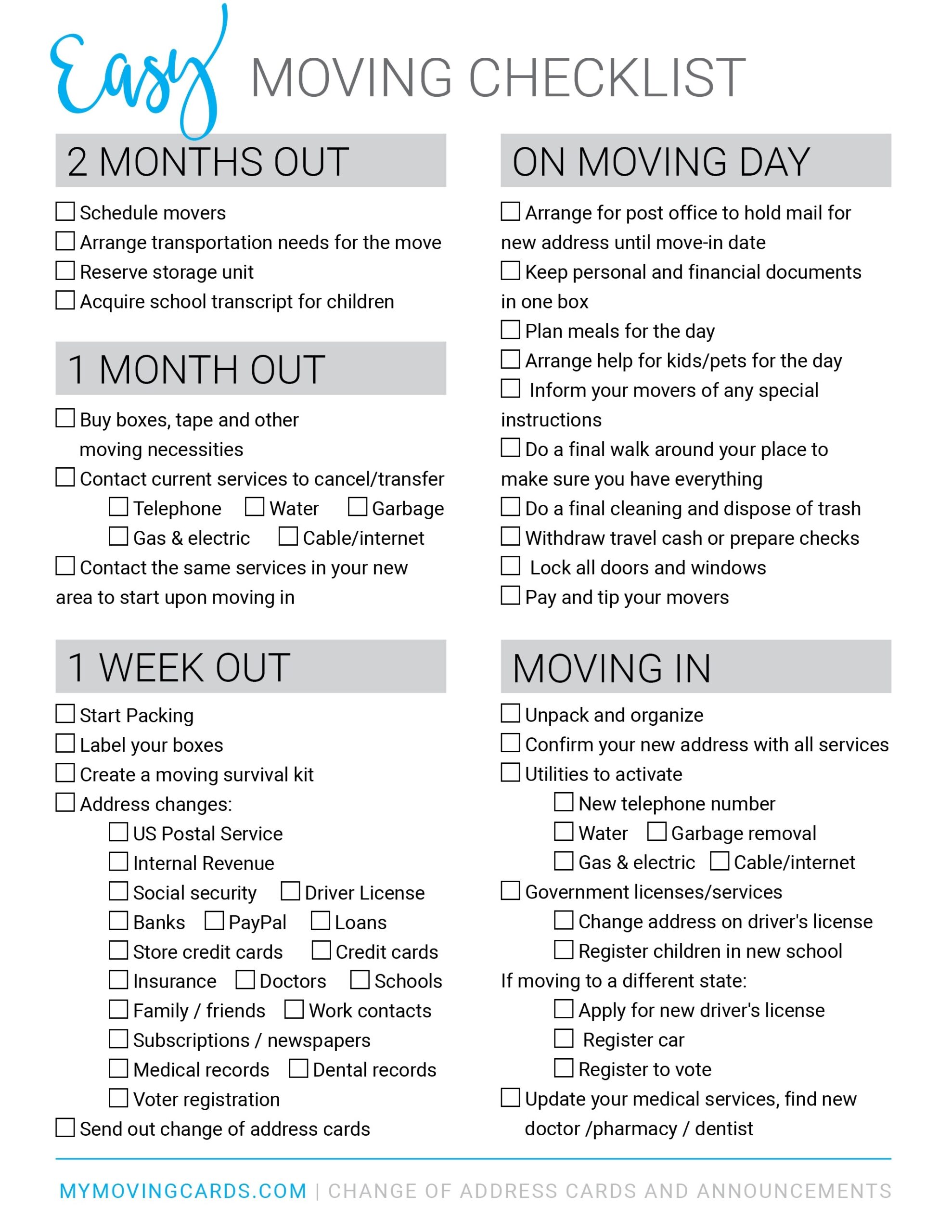 Printable Moving Change Of Address Checklist Printable Moving Change Of Address Checklist