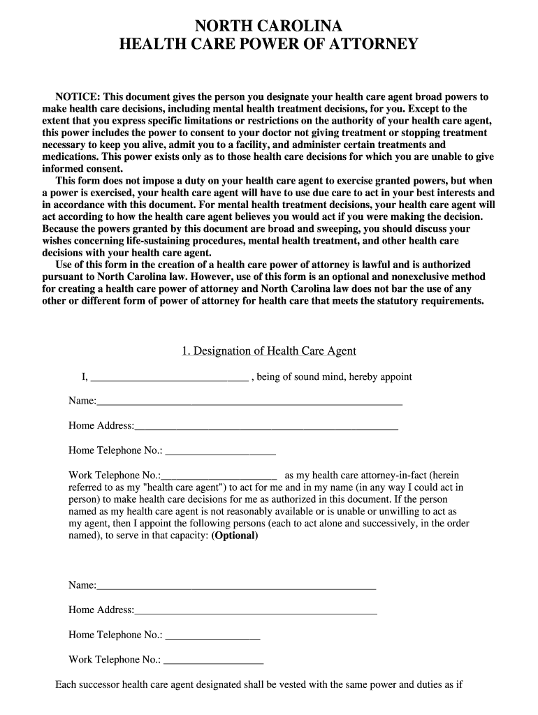 Printable North Carolina Medical Power Of Attorney Forms
