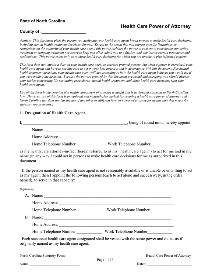 Nc Healthcare Power Of Attorney Fillable Form Printable Forms Free Online