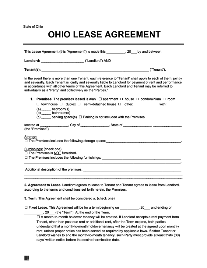Ohio Residential Lease Rental Agreement Forms Template Free PDF