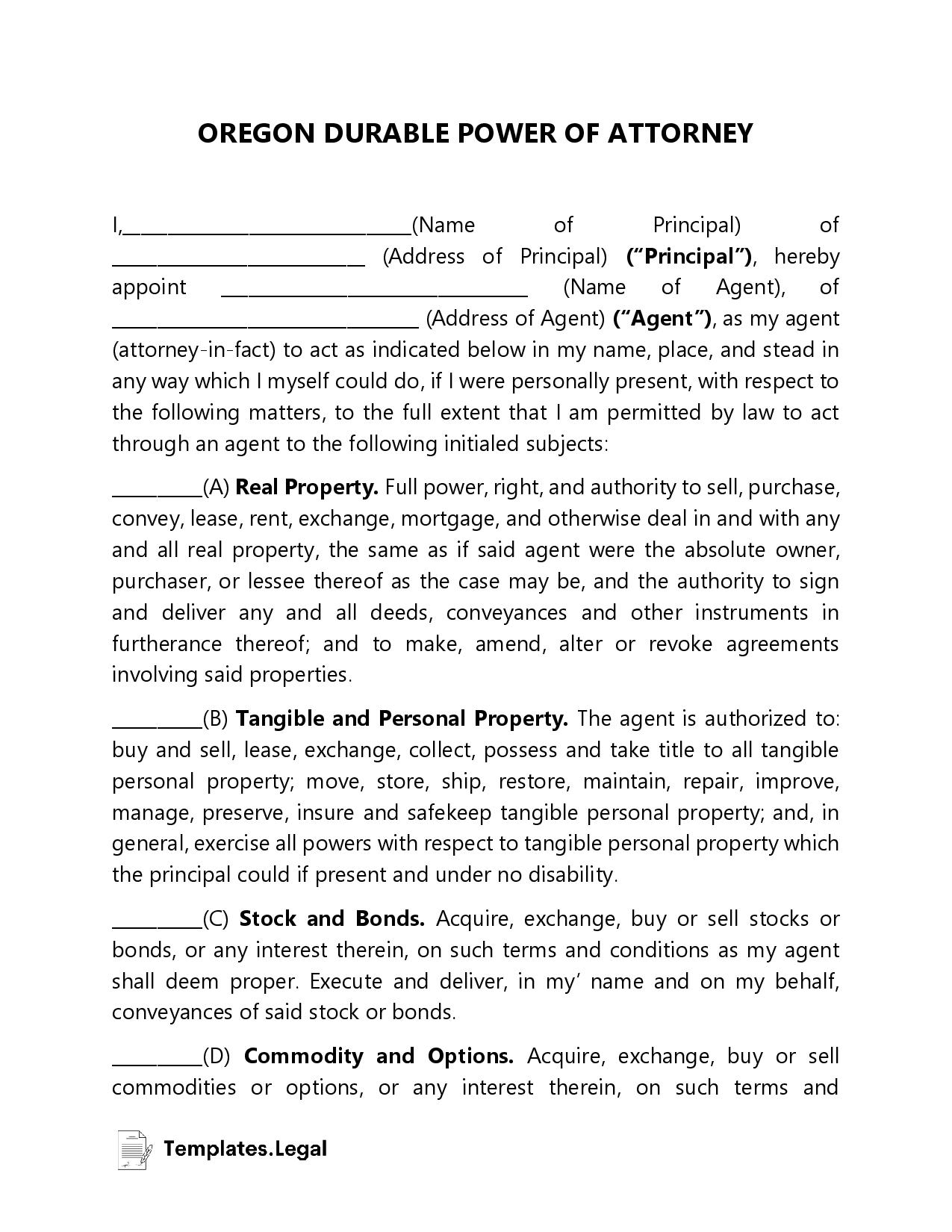 Free Printable Durable Power Of Attorney Form Oregon
