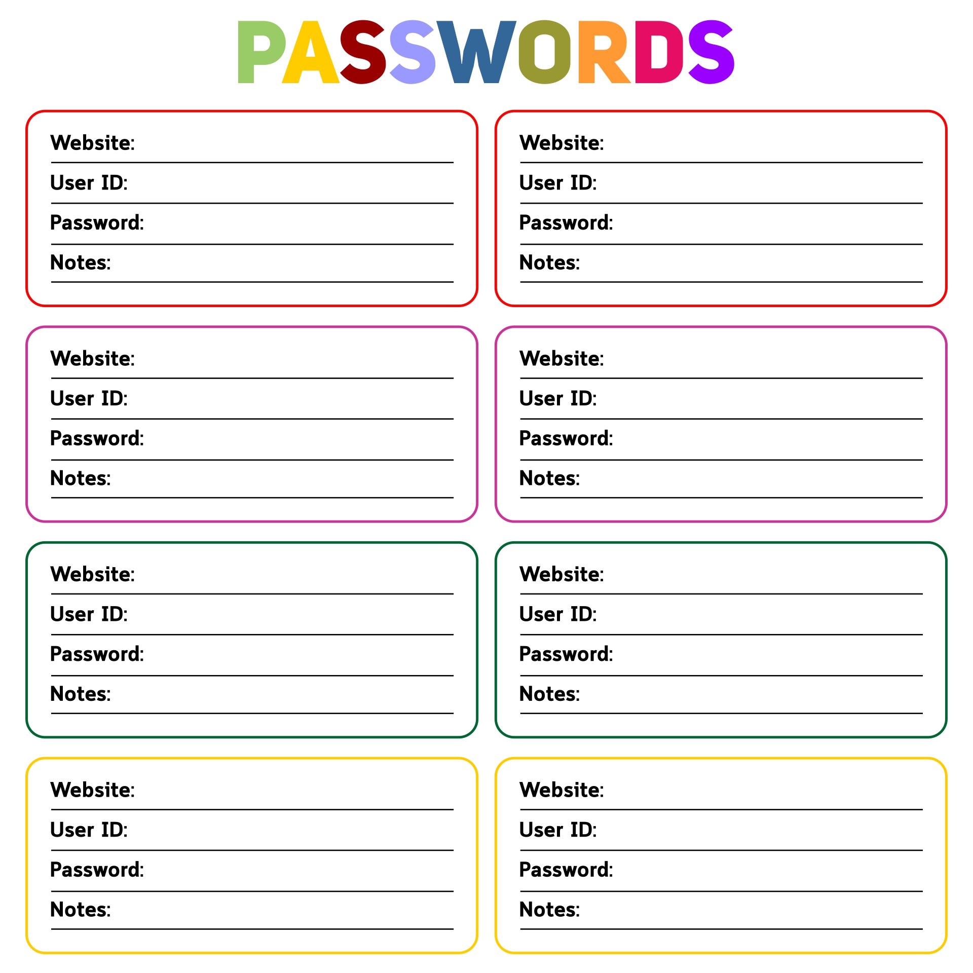 Free Printable Password Organizer Template