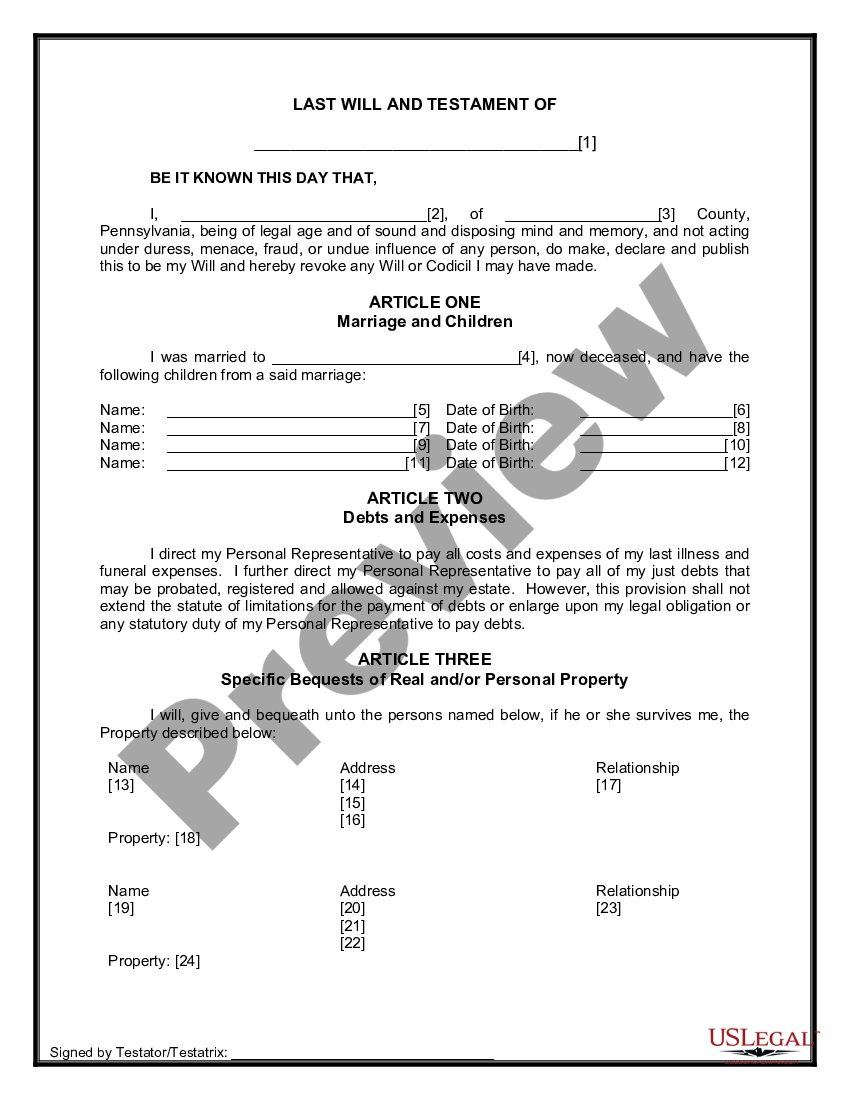 Pennsylvania Legal Last Will And Testament Form For A Widow Or Widower 